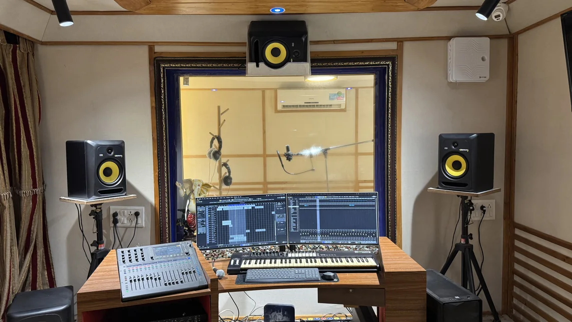 Bhramnaad Studio control room with 5.1 monitors and mixing desk
